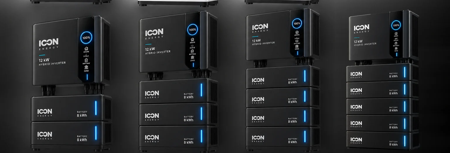 Render conceptual ICON Energy Flex en negro mate: torres de 2, 3, 4 y 5 módulos de 8 kWh