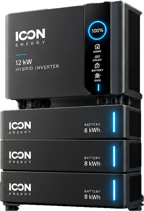 ICON Energy Flex en negro mate: inversor híbrido 12 kW y tres módulos de 8 kWh, render conceptual de una línea en desarrollo