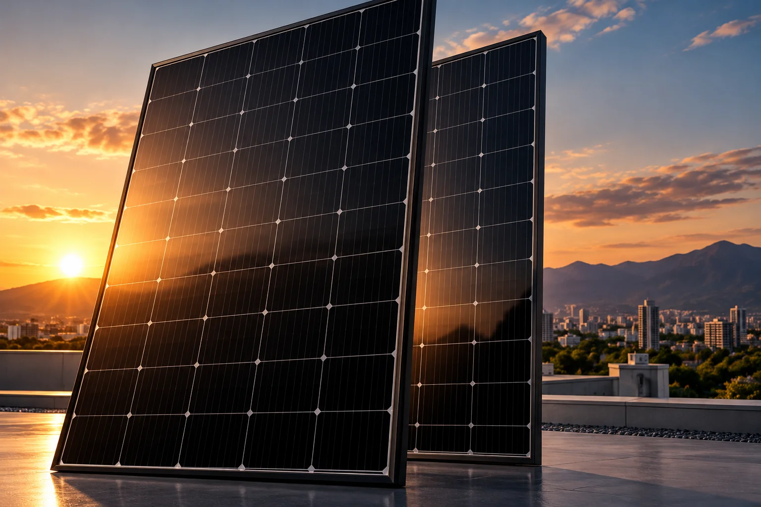 Paneles solares negros monocristalinos al atardecer sobre una azotea con vista a la ciudad y las montañas